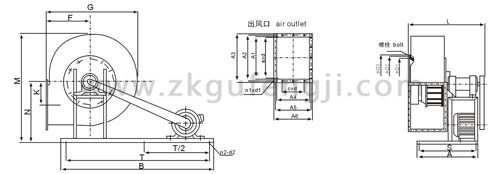 該風(fēng)機重要由葉輪、進風(fēng)口、機殼、傳動部分與C4-73系列排塵離心風(fēng)機安裝尺寸圖